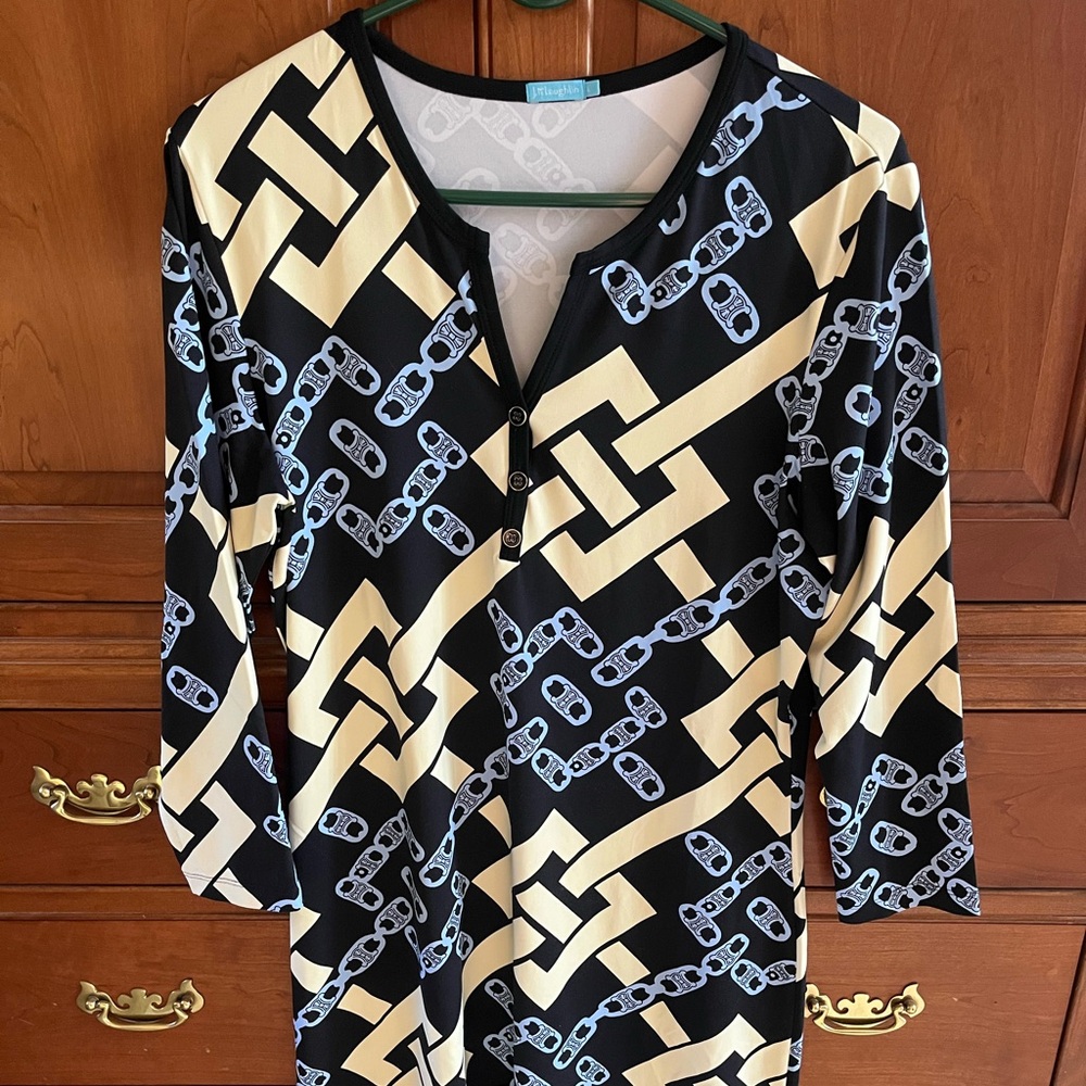 J. McLaughlin Black and Cream Chain Print Dress